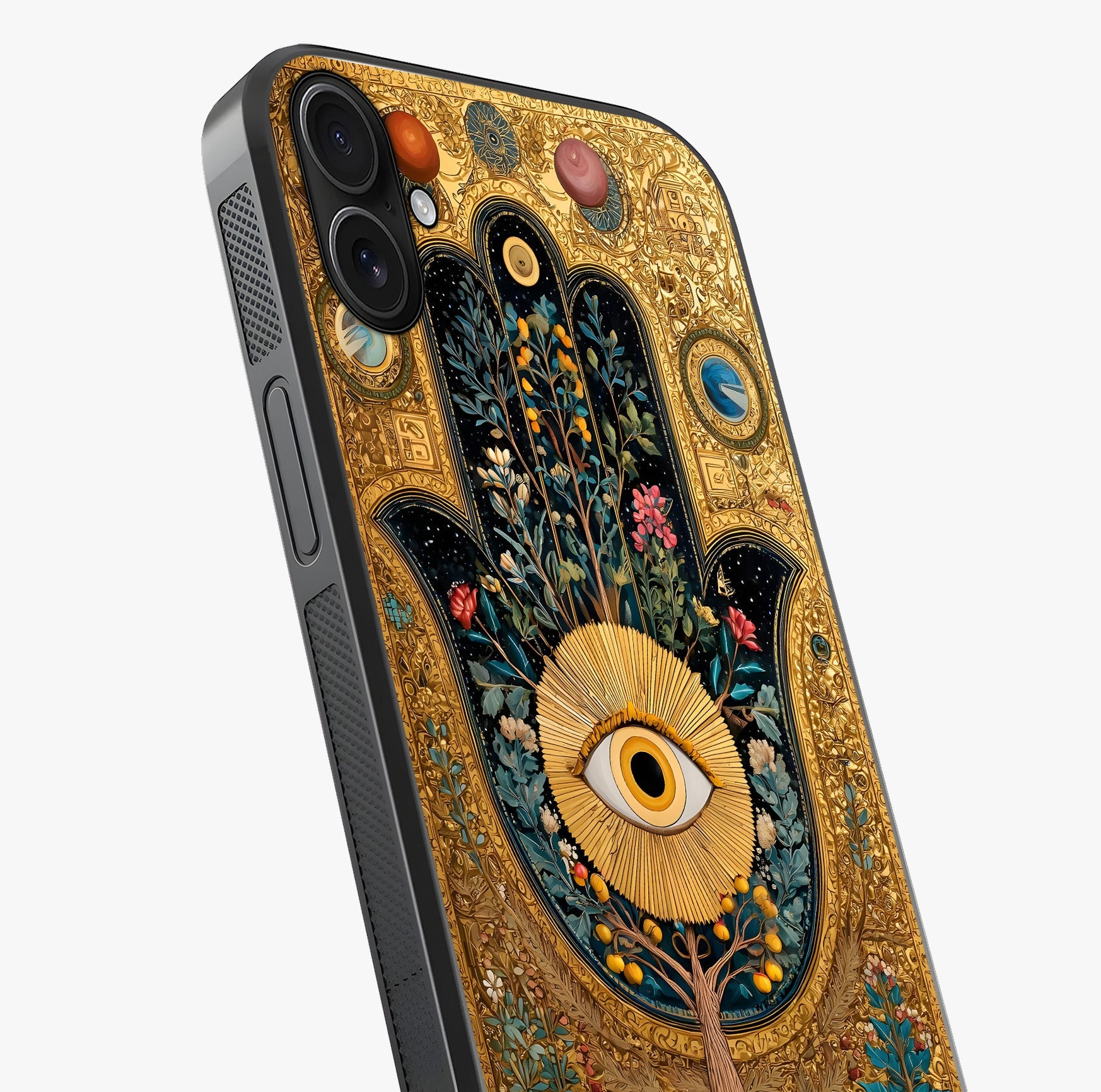 Ethereal Evil Eye Glass Case captured at a warm angle highlighting gloss, texture and premium glass finish.