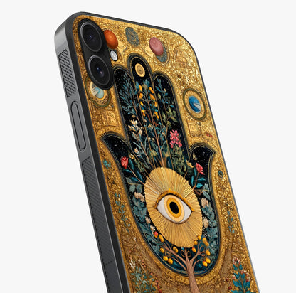 Ethereal Evil Eye Glass Case captured at a warm angle highlighting gloss, texture and premium glass finish.