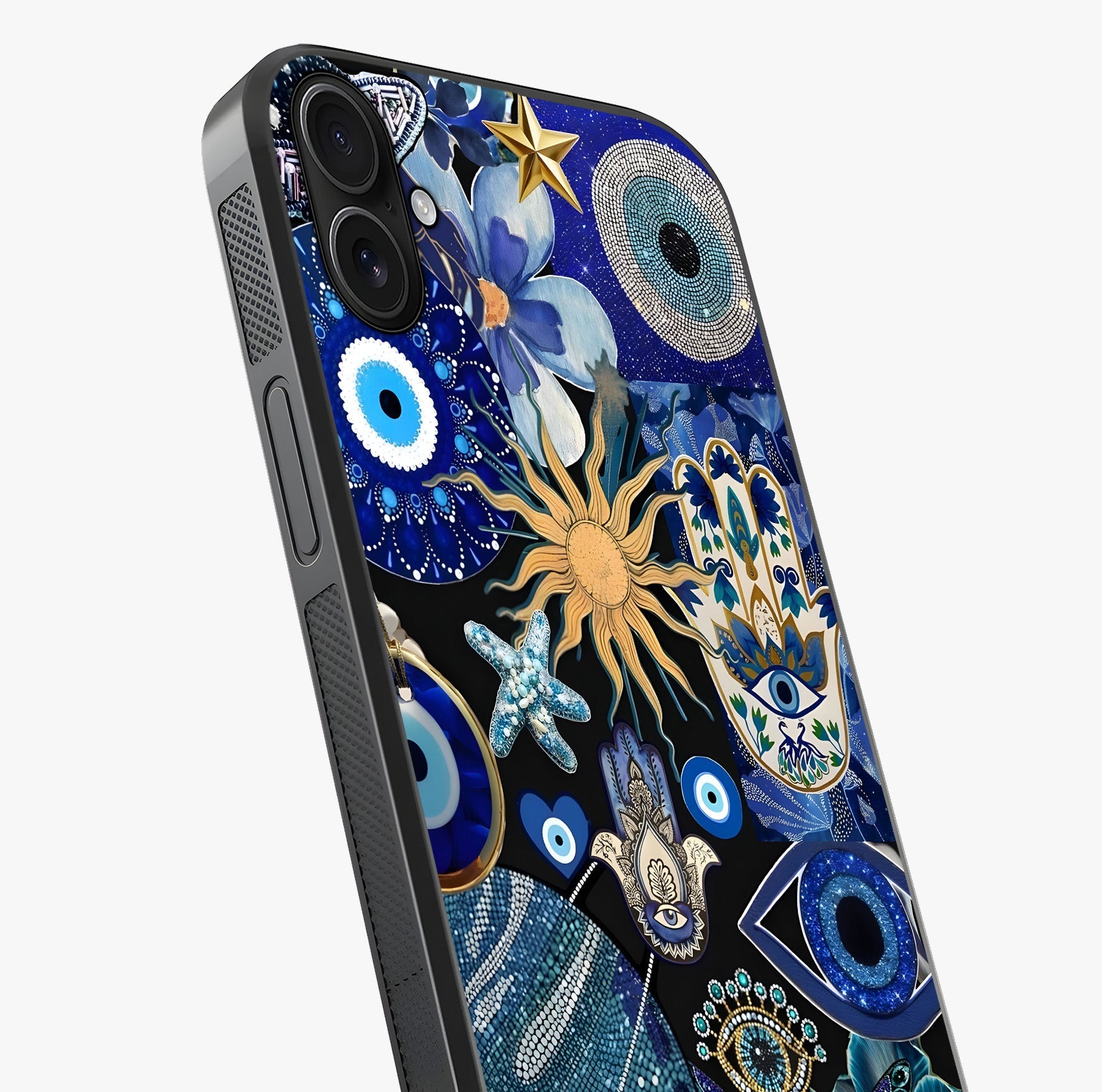 Evil Eye Charm Mix Glass Case captured at a warm angle highlighting gloss, texture and premium glass finish.