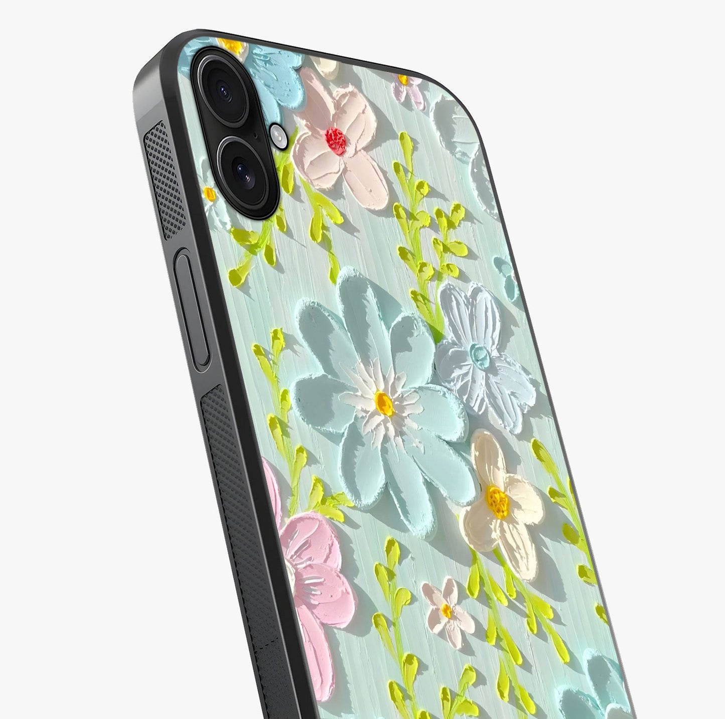 Frosted Petal Garden Glass Case captured at a warm angle highlighting gloss, texture and premium glass finish.