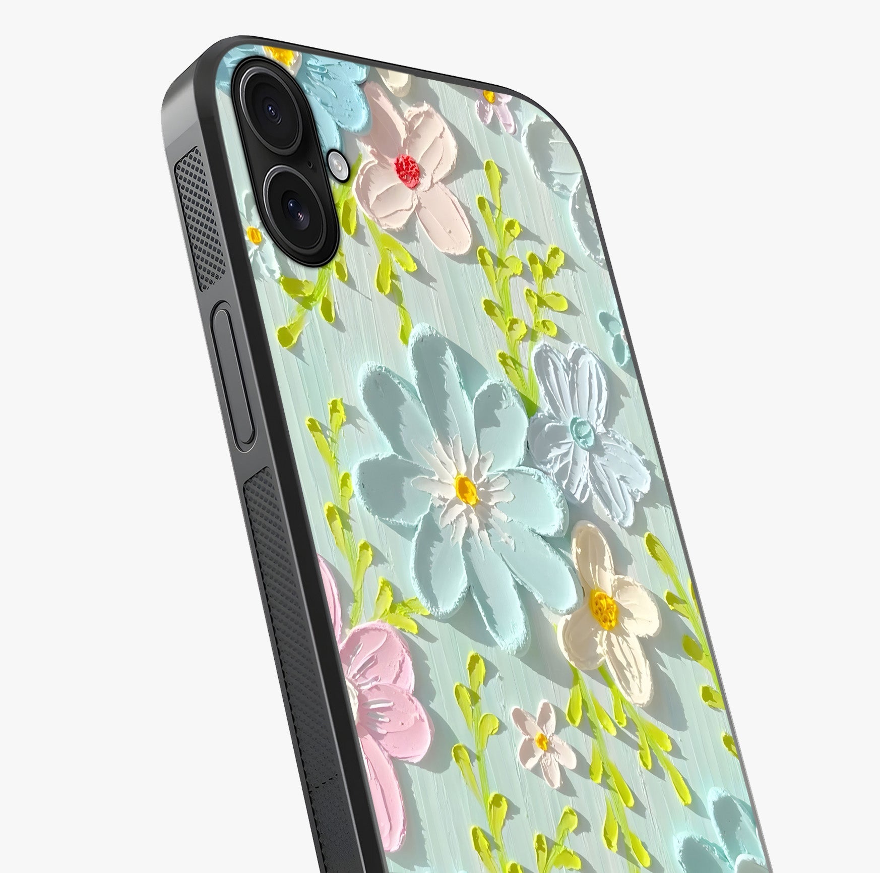 Frosted Petal Garden Glass Case captured at a warm angle highlighting gloss, texture and premium glass finish.