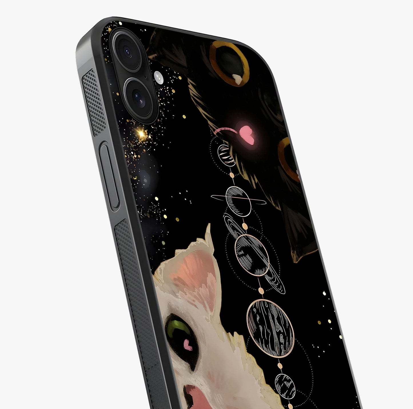 Galactic Cat Glass Case captured at a warm angle highlighting gloss, texture and premium glass finish.