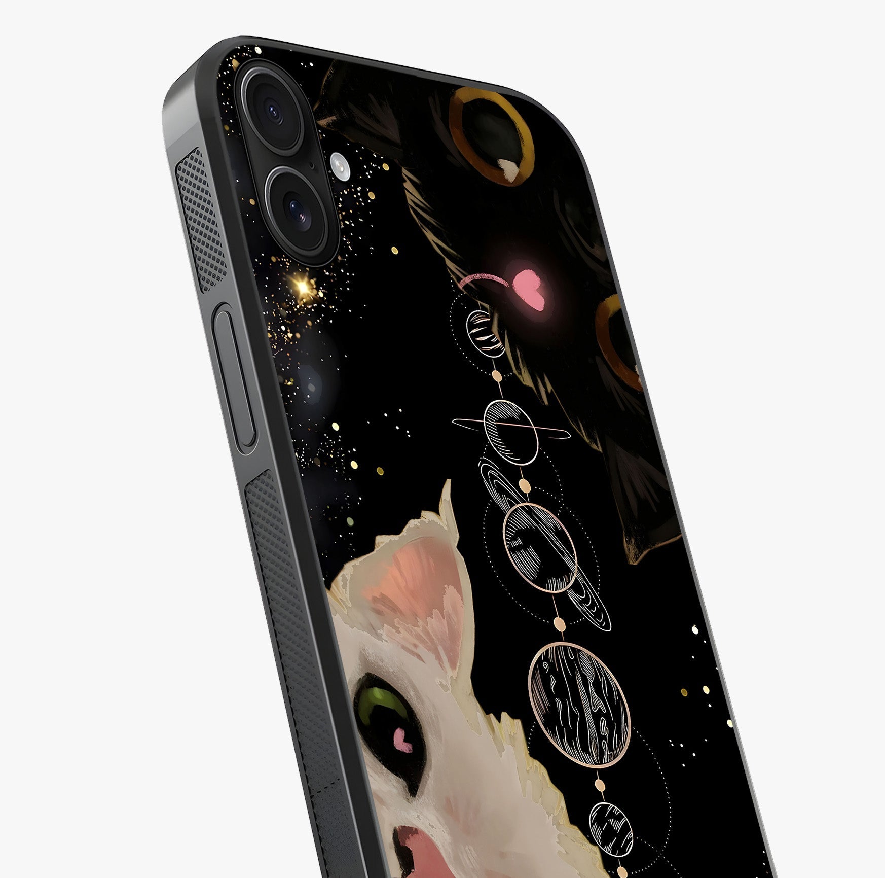 Galactic Cat Glass Case captured at a warm angle highlighting gloss, texture and premium glass finish.