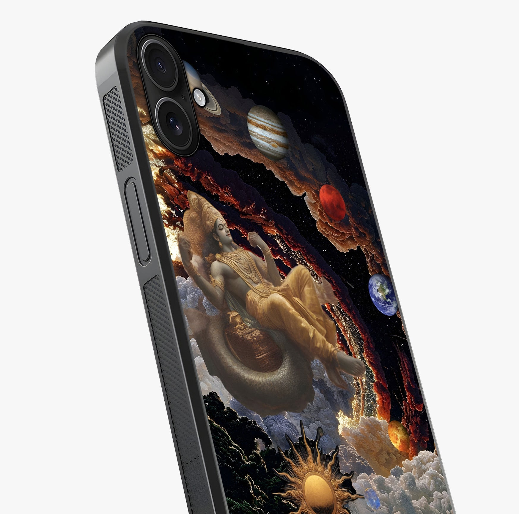 Galactic Divine God Glass Case captured at a warm angle highlighting gloss, texture and premium glass finish.