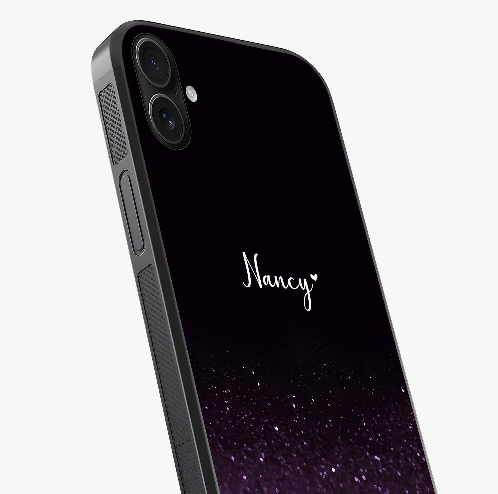 Glittery Purple Bokeh Custom Name Glass Case captured at a warm angle highlighting gloss, texture and premium glass finish.