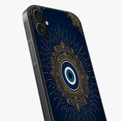 Golden Evil Eye Mandala Glass Case captured at a warm angle highlighting gloss, texture and premium glass finish.