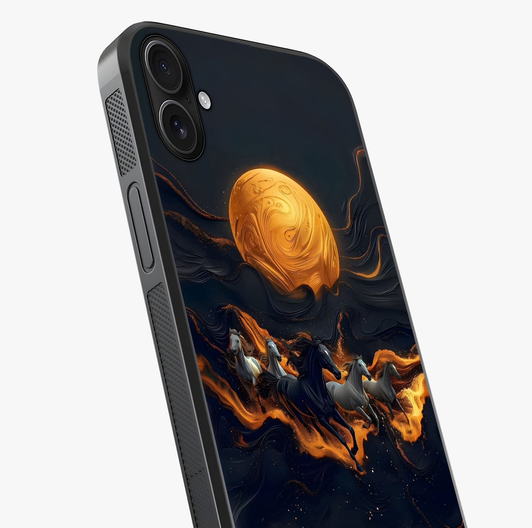 Golden Stallion Moonride Glass Case captured at a warm angle highlighting gloss, texture and premium glass finish.