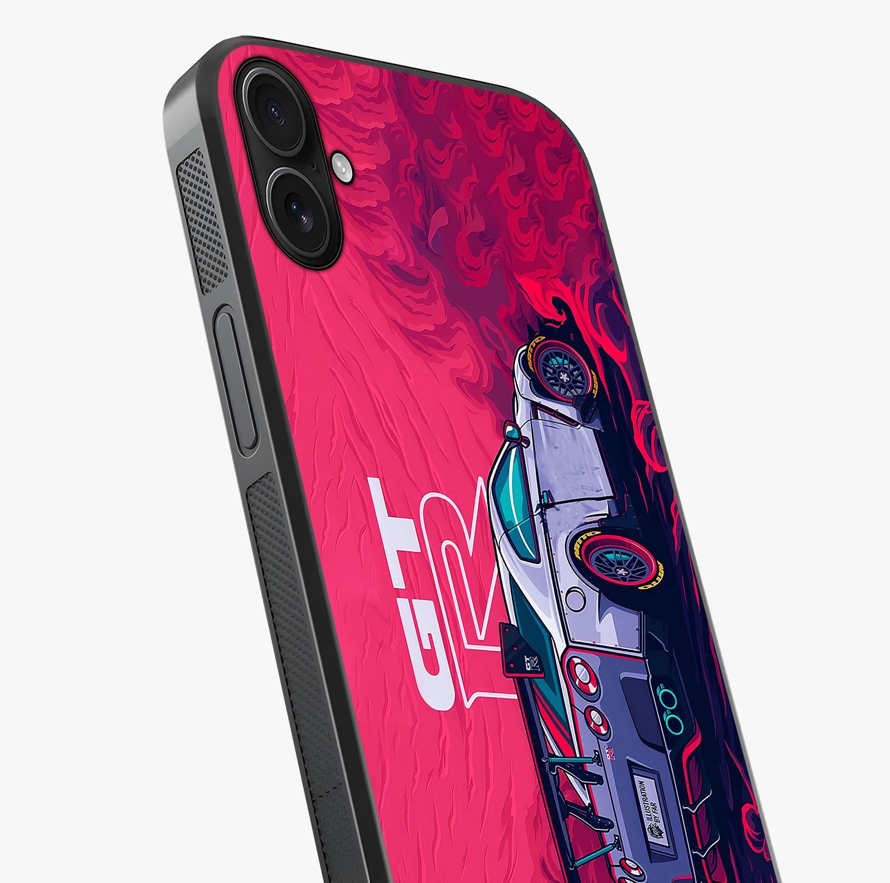 GT R Car Pattern Glass Case captured at a warm angle highlighting gloss, texture and premium glass finish.