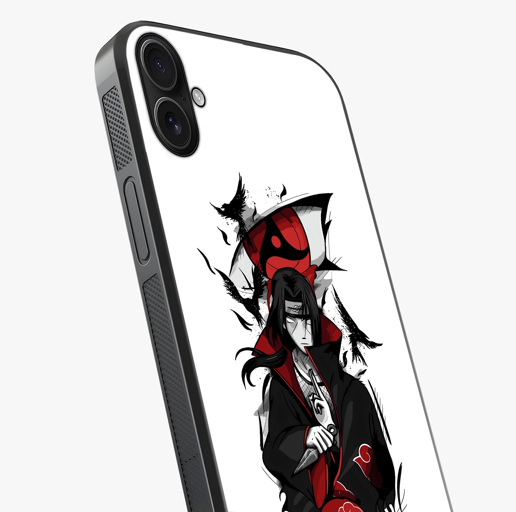 Itachi Sharingan Glass Case captured at a warm angle highlighting gloss, texture and premium glass finish.