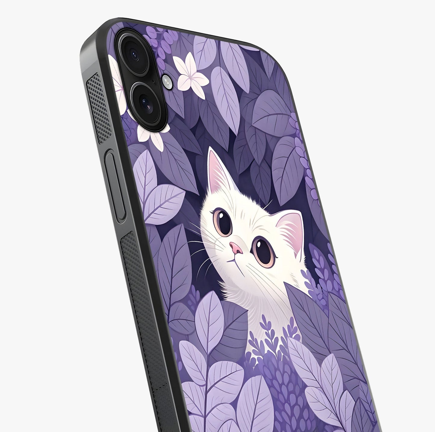Lilac Hide Peek Cat Glass Case captured at a warm angle highlighting gloss, texture and premium glass finish.