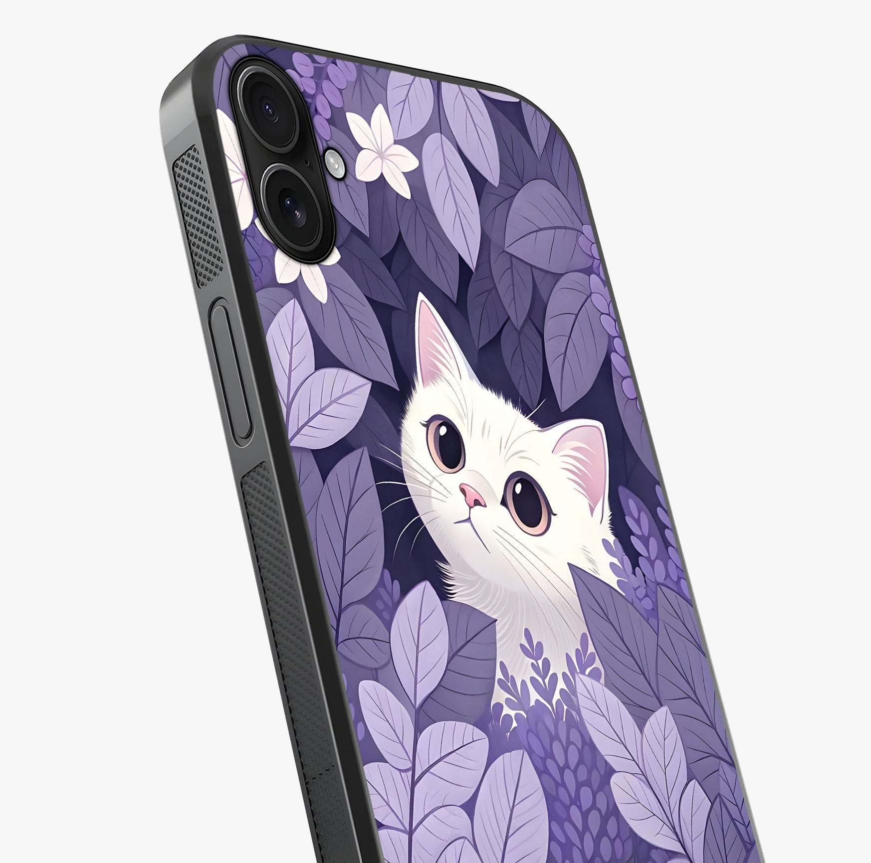 Lilac Hide Peek Cat Glass Case captured at a warm angle highlighting gloss, texture and premium glass finish.
