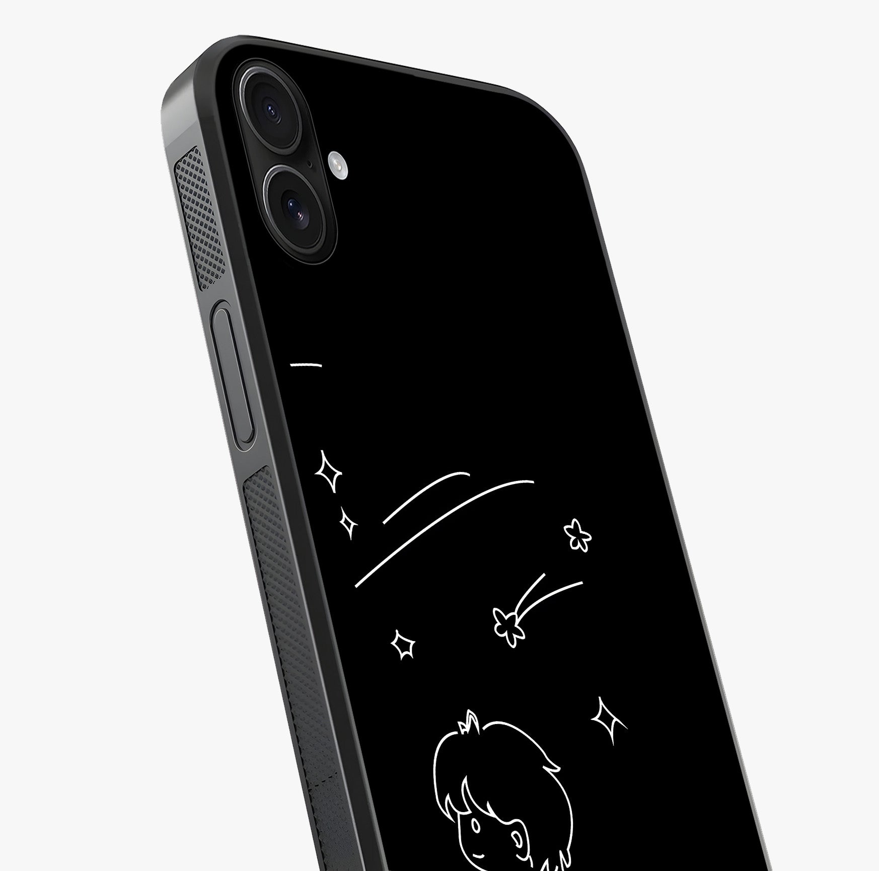 Line Art Boy With Shooting Stars Glass Case captured at a warm angle highlighting gloss, texture and premium glass finish.