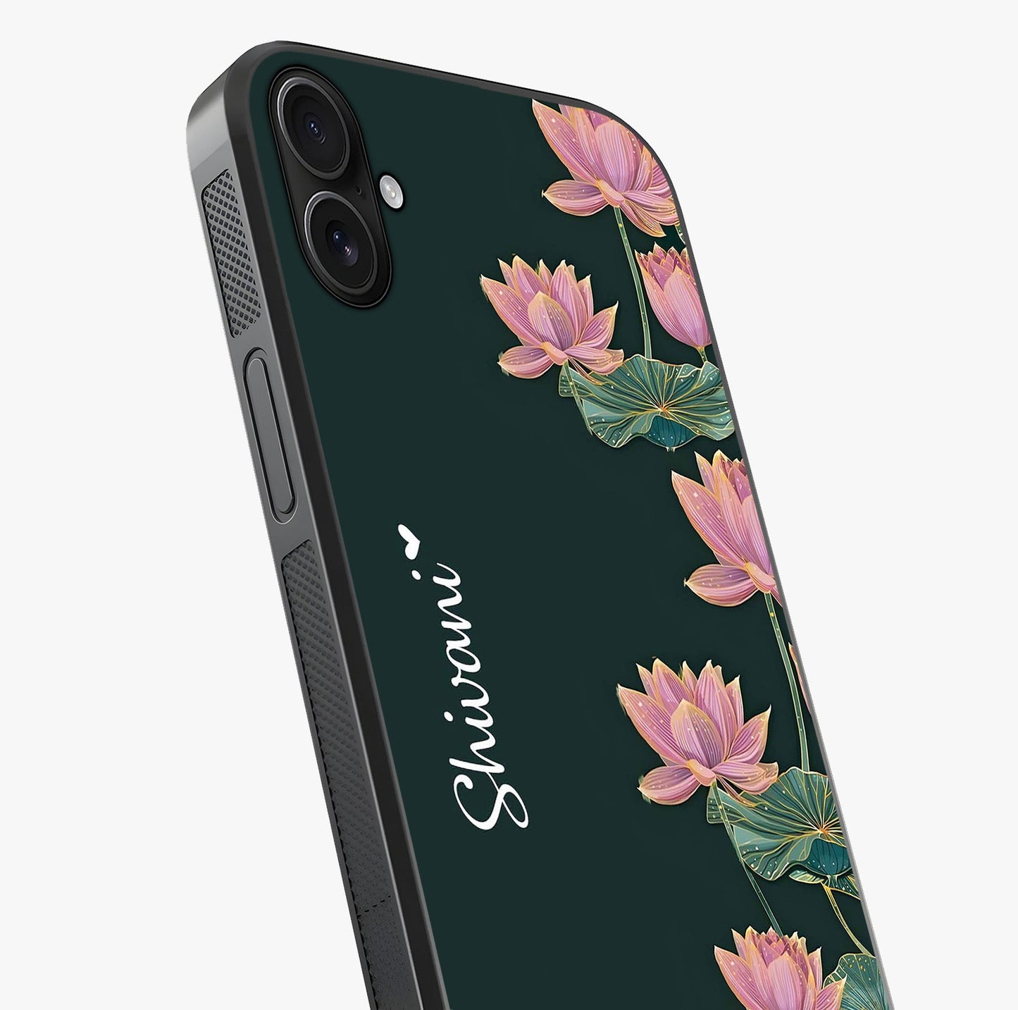 Lotus Bloom Serenity Custom Name Glass Case captured at a warm angle highlighting gloss, texture and premium glass finish.