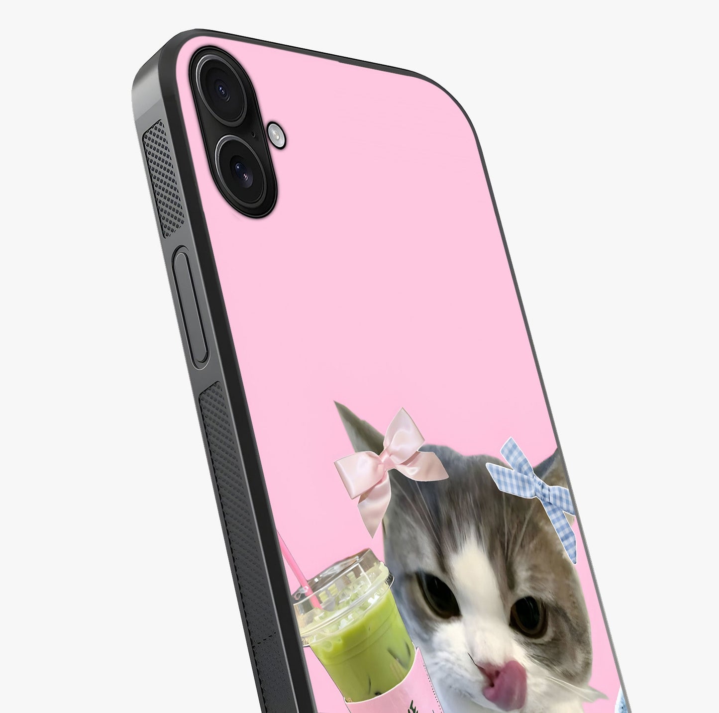 Love Matcha Cat Glass Case captured at a warm angle highlighting gloss, texture and premium glass finish.