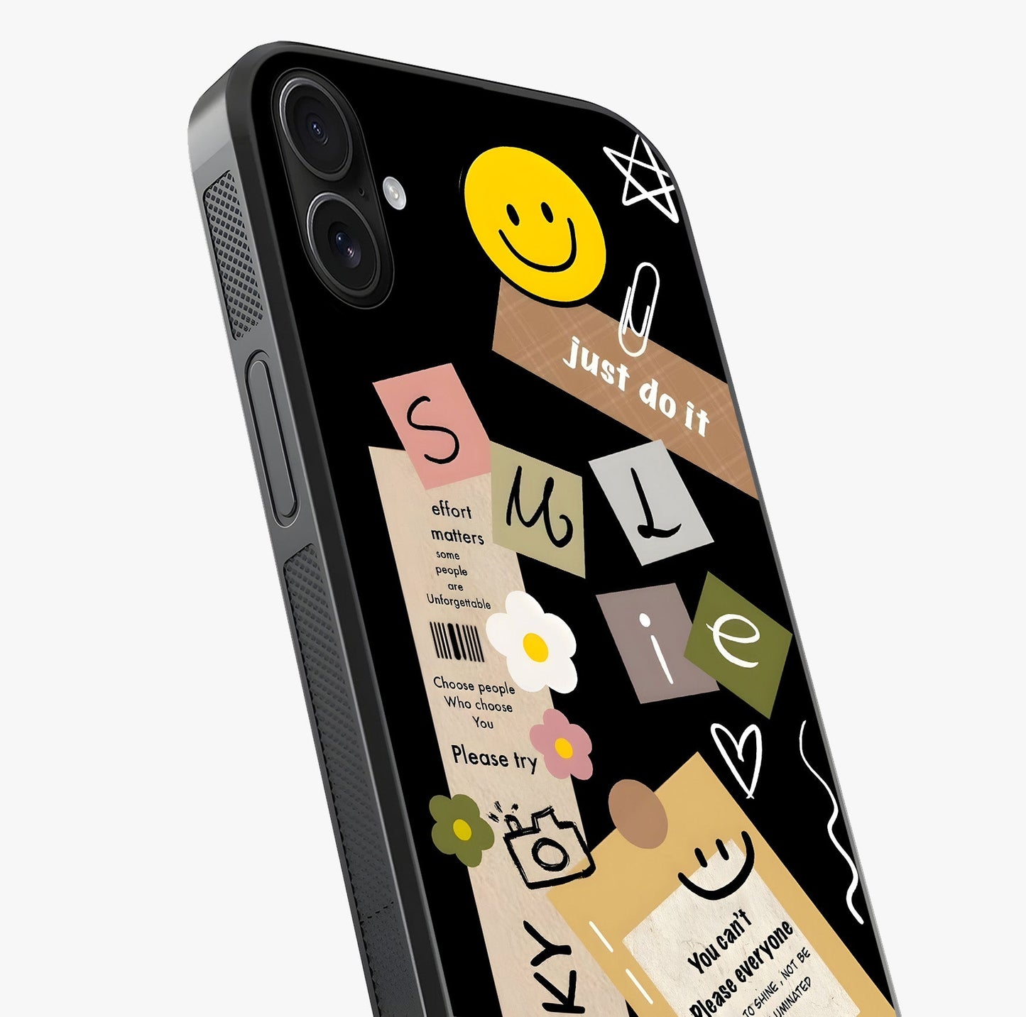 Lucky Aesthetic Collage Glass Case captured at a warm angle highlighting gloss, texture and premium glass finish.