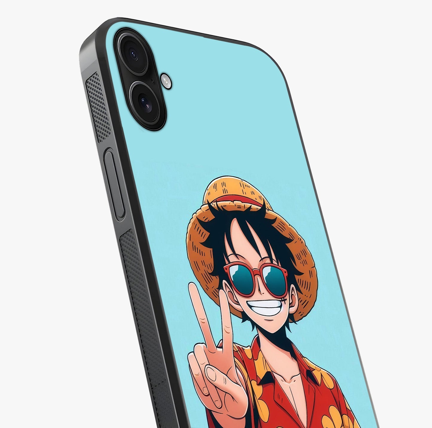 Luffy Summer Anime Vibe Glass Case captured at a warm angle highlighting gloss, texture and premium glass finish.