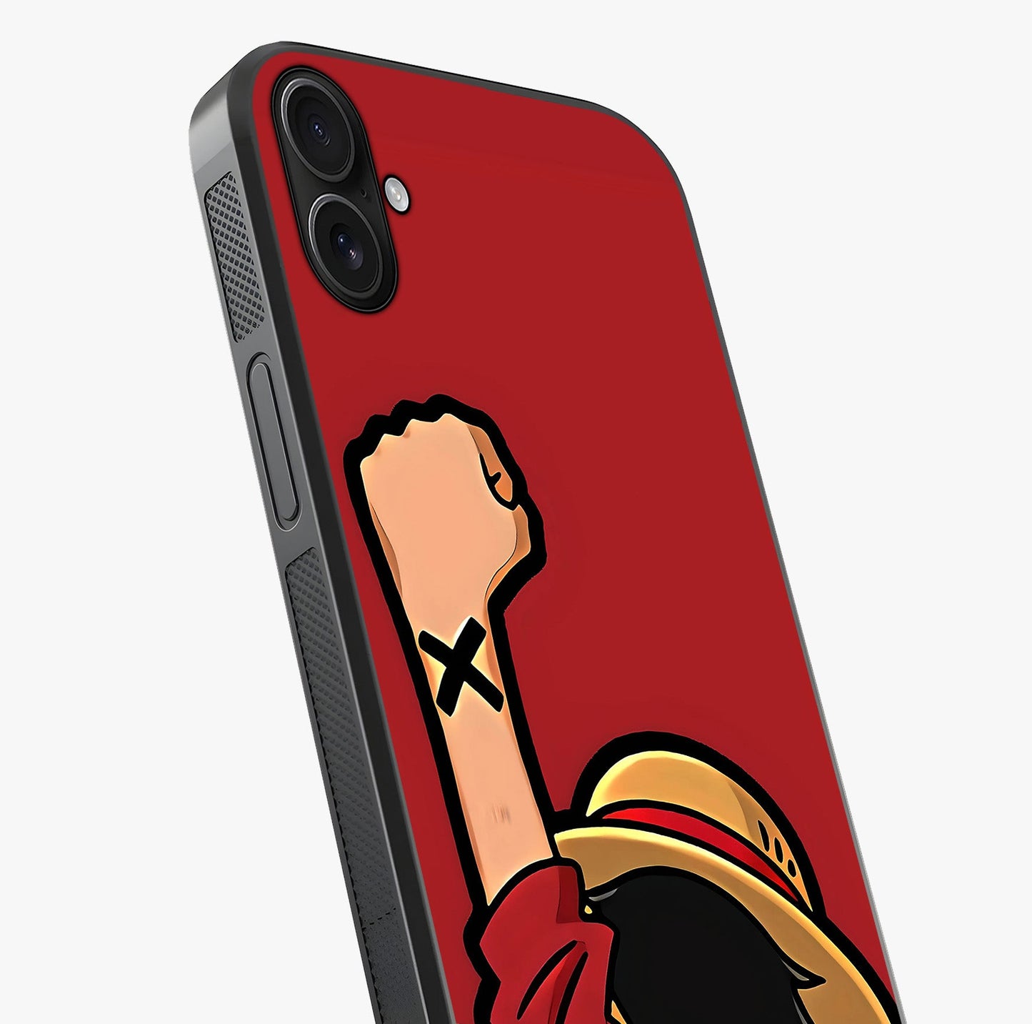 Luffy X Spirit Glass Case captured at a warm angle highlighting gloss, texture and premium glass finish.
