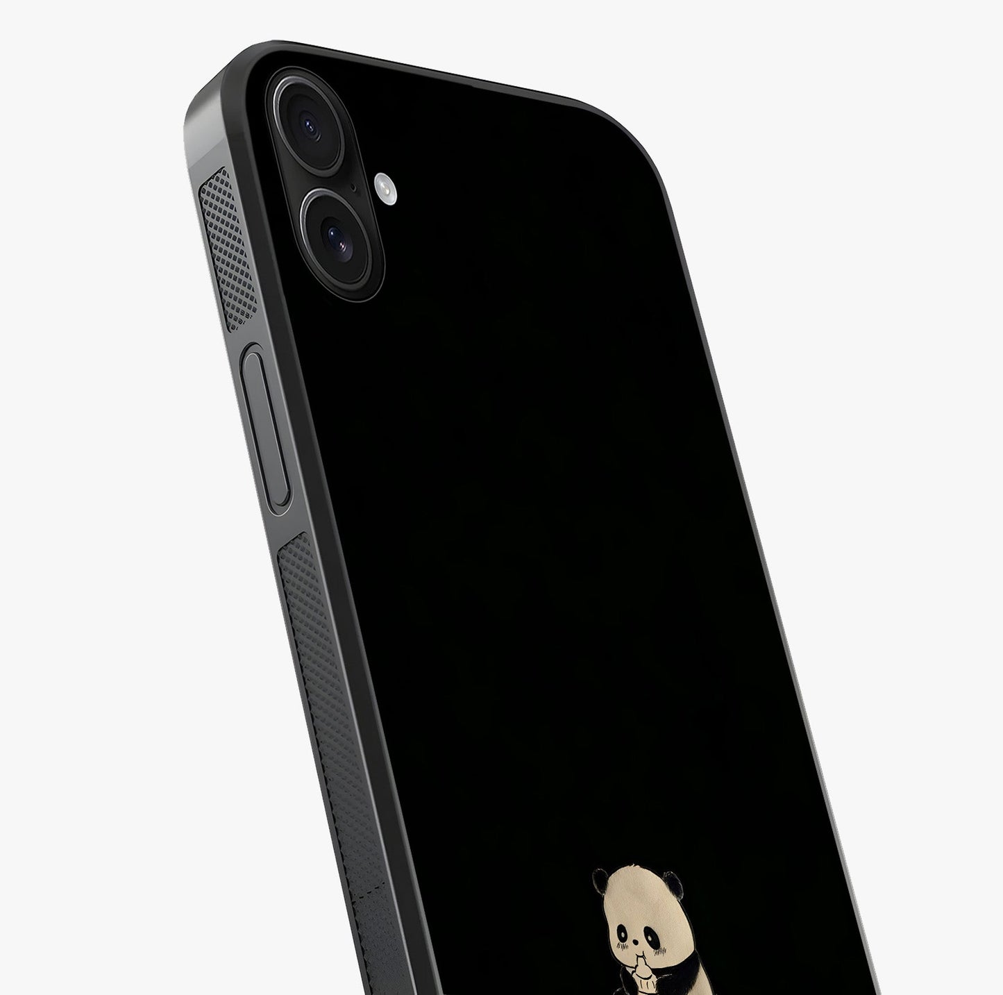 Midnight Panda Love Glass Case captured at a warm angle highlighting gloss, texture and premium glass finish.