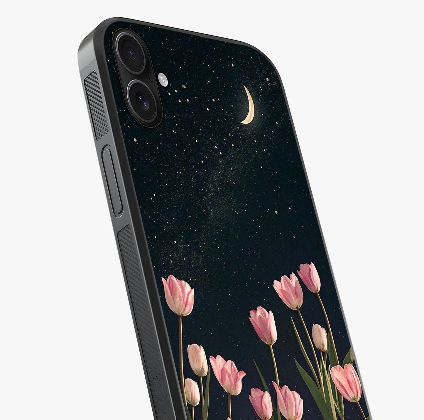 Midnight Tulip Whispers Vibe Glass Case captured at a warm angle highlighting gloss, texture and premium glass finish.
