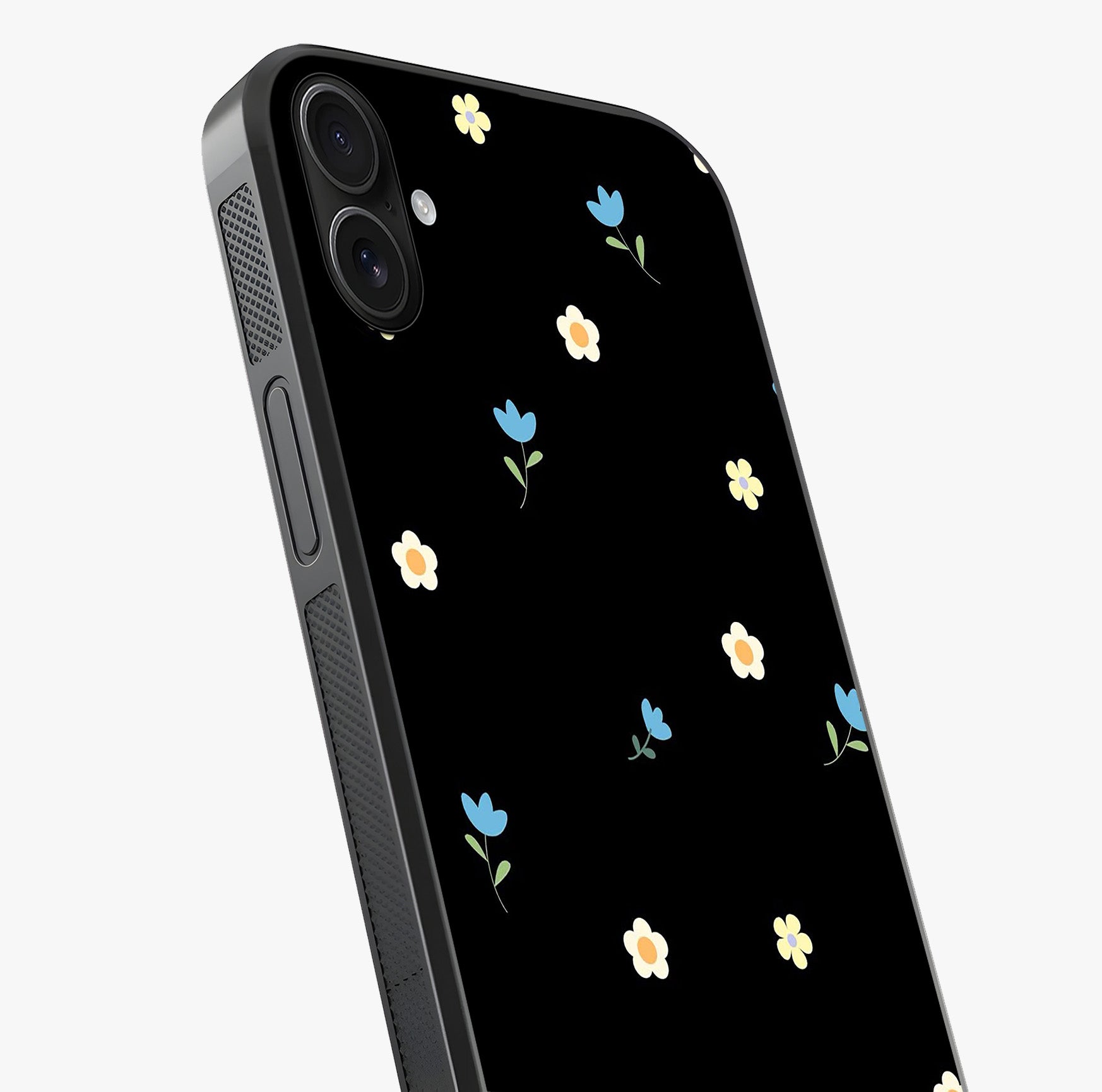 Minimalistic Blue With White Flower Pattern Glass Case captured at a warm angle highlighting gloss, texture and premium glass finish.