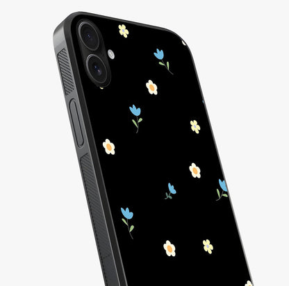 Minimalistic Blue With White Flower Pattern Glass Case captured at a warm angle highlighting gloss, texture and premium glass finish.