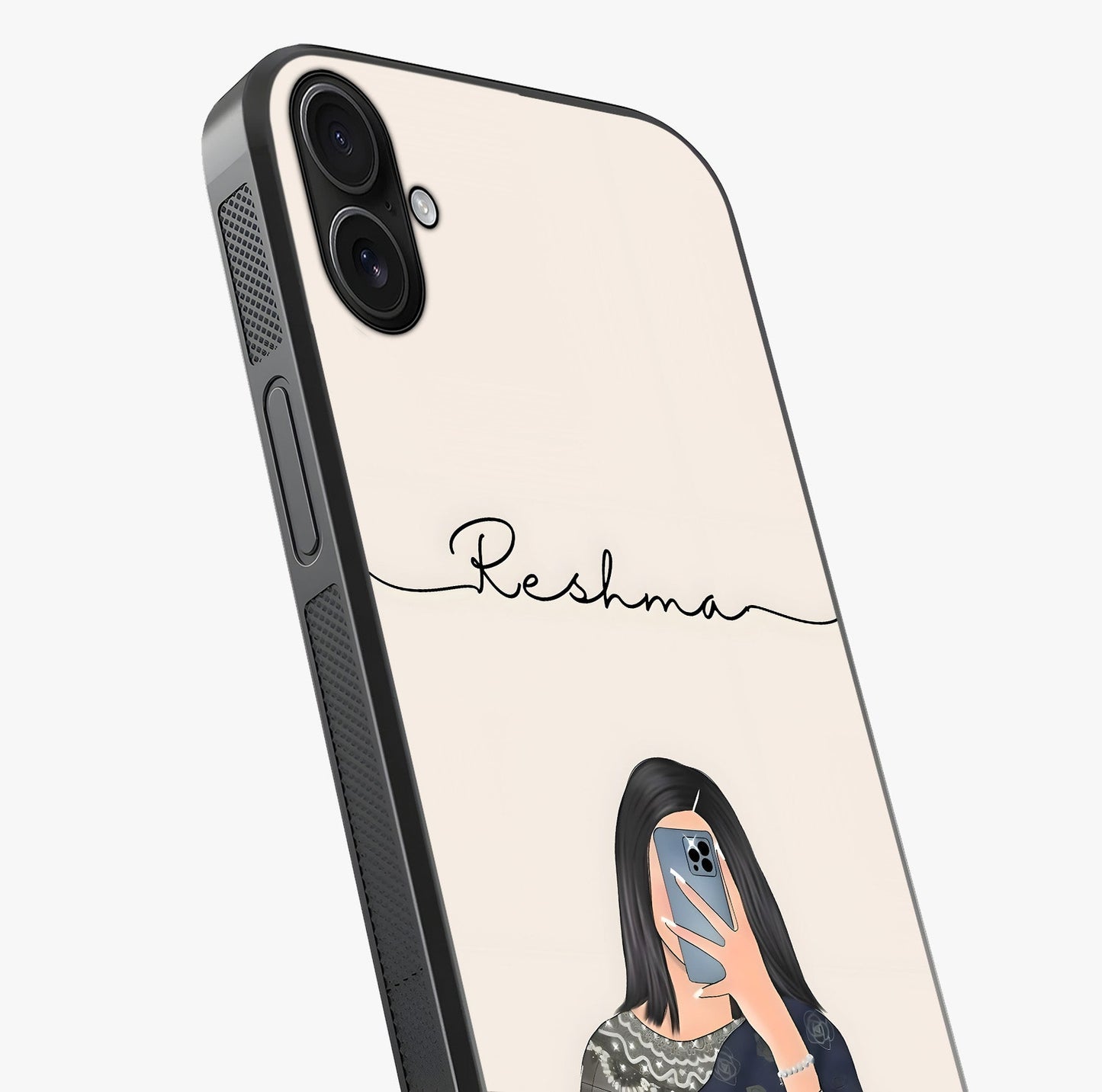 Mirror Mood Muse With Custom Name Glass Case captured at a warm angle highlighting gloss, texture and premium glass finish.