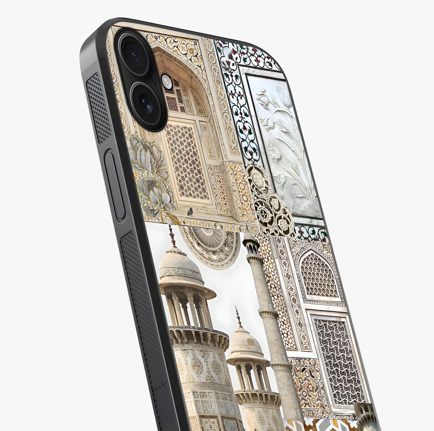 Mughal Marble Legacy Glass Case captured at a warm angle highlighting gloss, texture and premium glass finish.