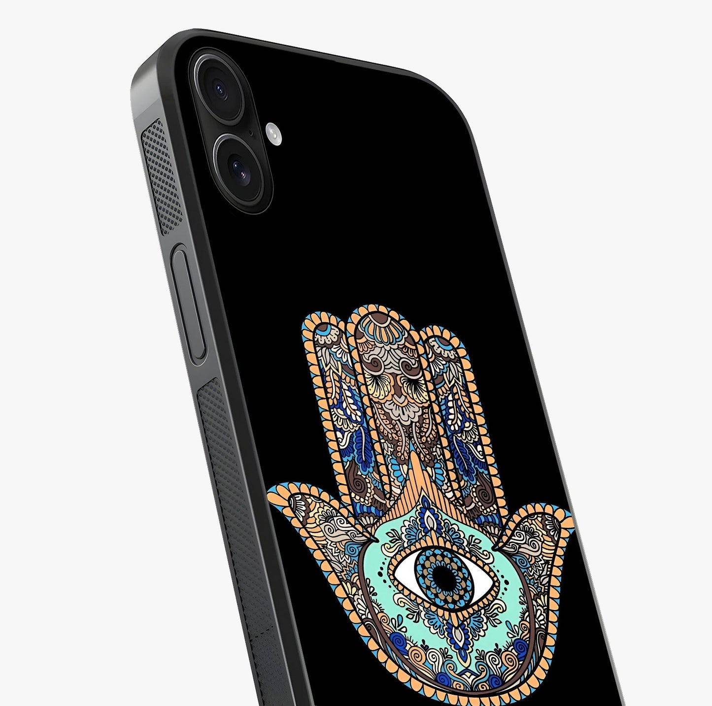 Mystic Hamsa Eye Glass Case captured at a warm angle highlighting gloss, texture and premium glass finish.