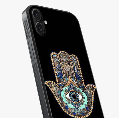 Mystic Hamsa Eye Glass Case captured at a warm angle highlighting gloss, texture and premium glass finish.