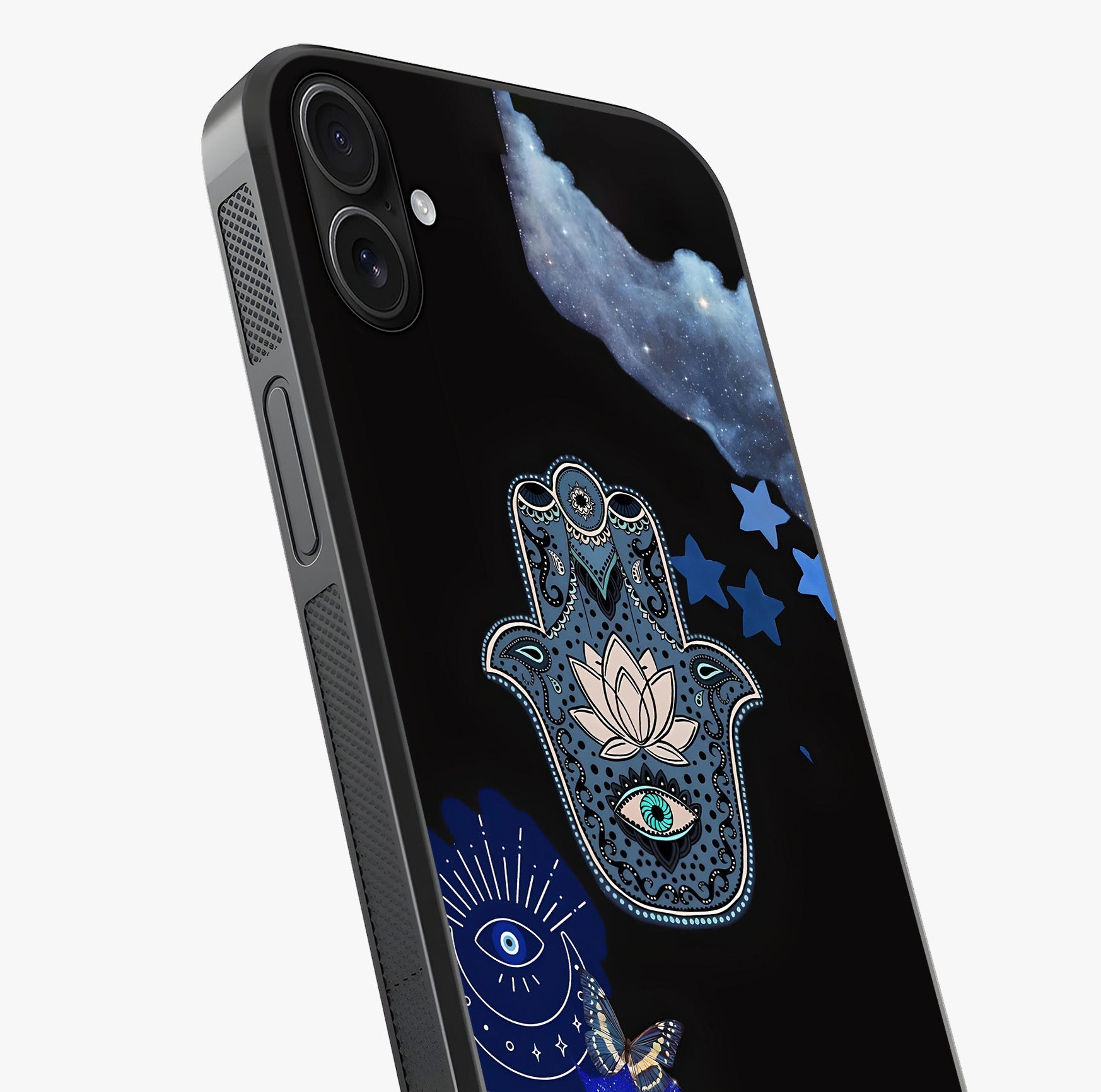 Mystic Hand Aura Glass Case captured at a warm angle highlighting gloss, texture and premium glass finish.