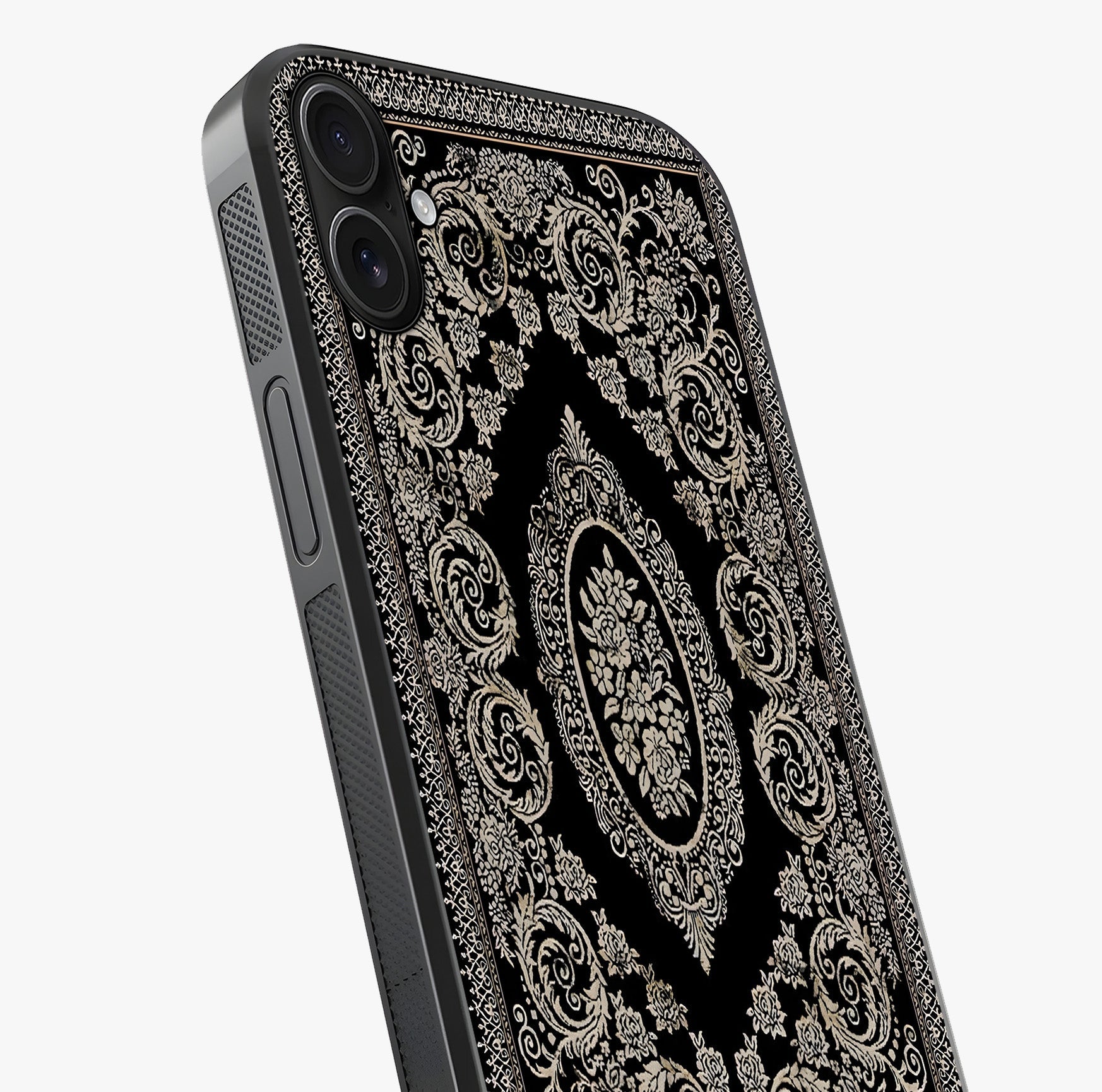 Noir Bloom Elegance Glass Case captured at a warm angle highlighting gloss, texture and premium glass finish.