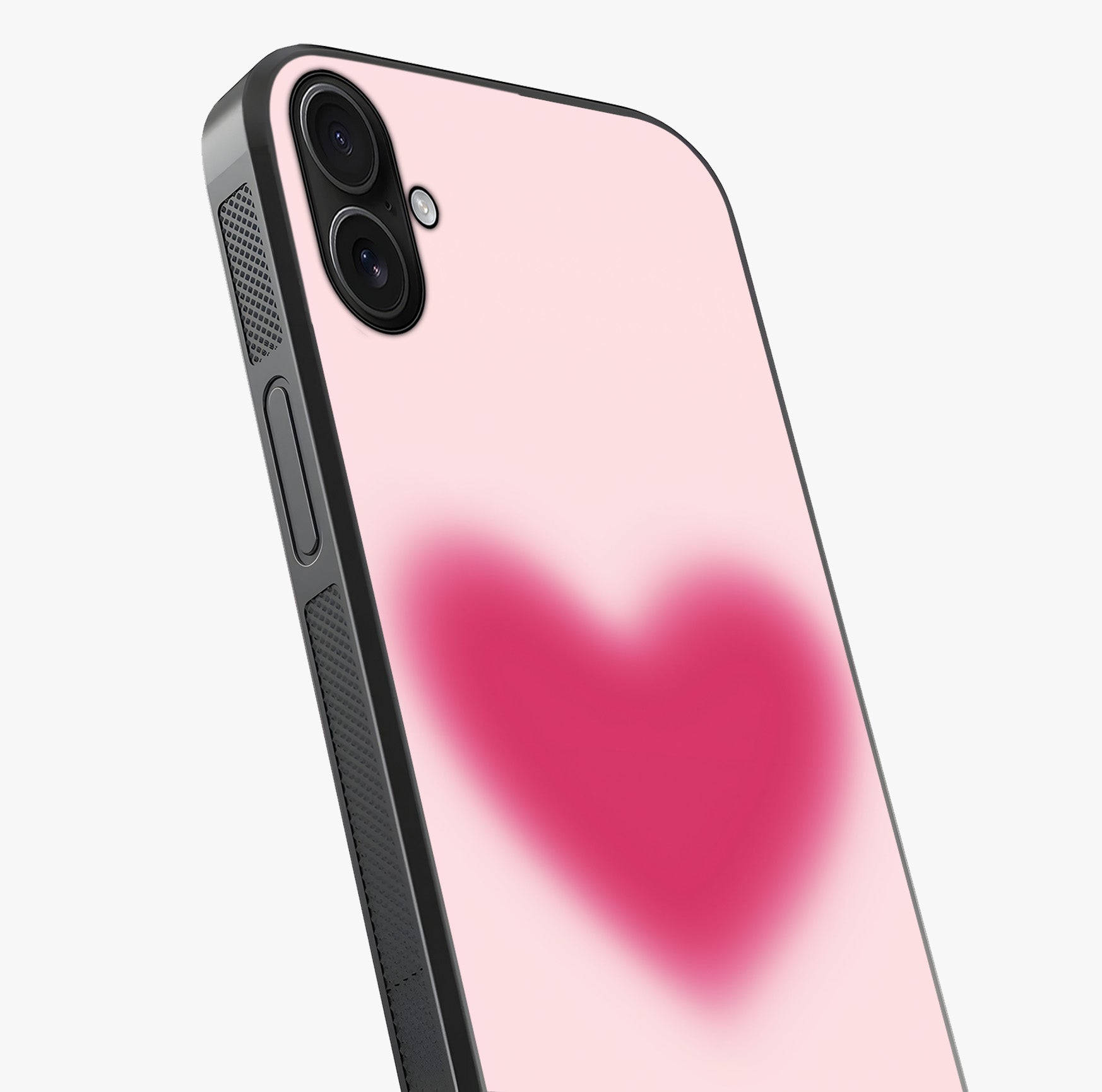 Pink Aura Heart Glass Case captured at a warm angle highlighting gloss, texture and premium glass finish.