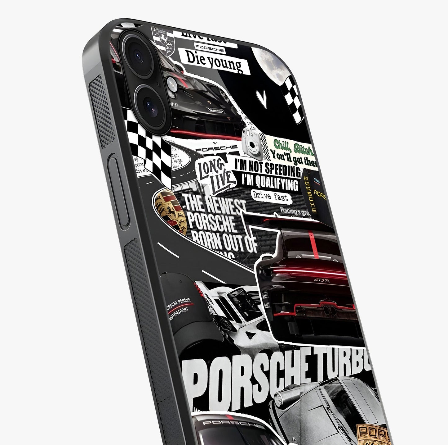 Porsche Racing Collage Glass Case captured at a warm angle highlighting gloss, texture and premium glass finish.
