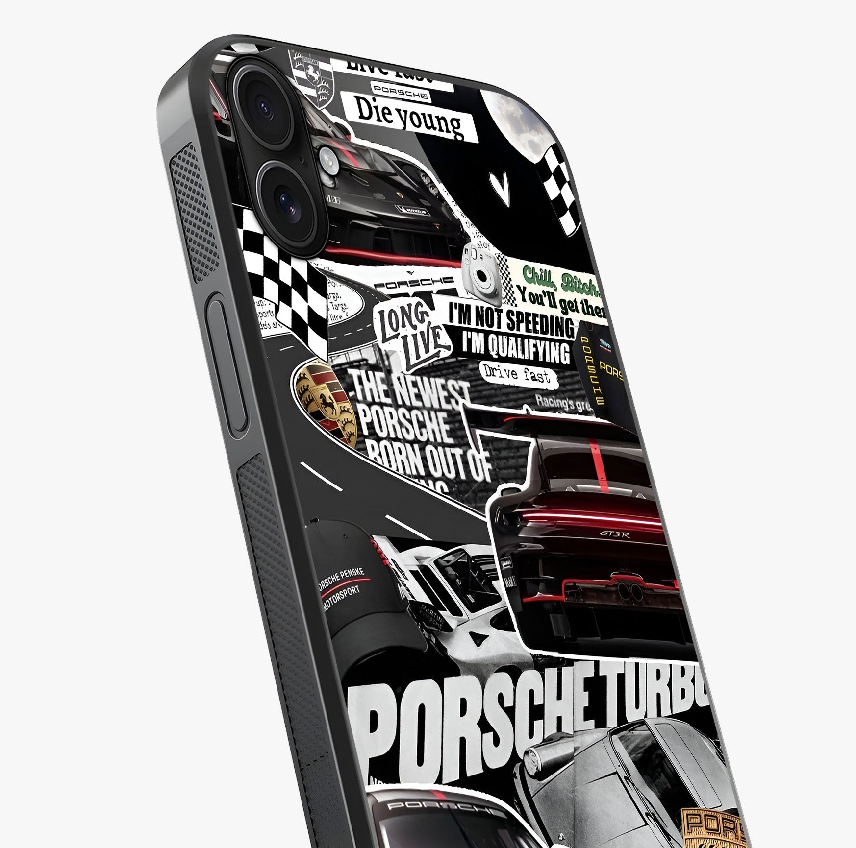 Porsche Racing Collage Glass Case captured at a warm angle highlighting gloss, texture and premium glass finish.