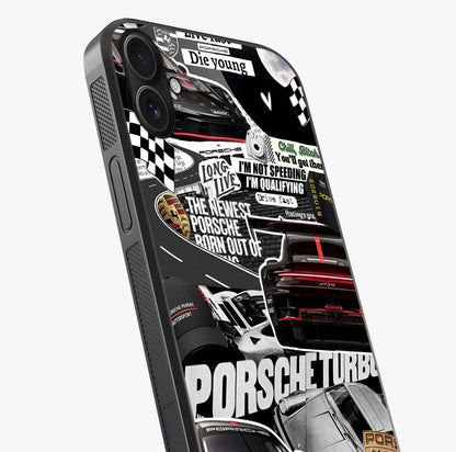 Porsche Racing Collage Glass Case captured at a warm angle highlighting gloss, texture and premium glass finish.