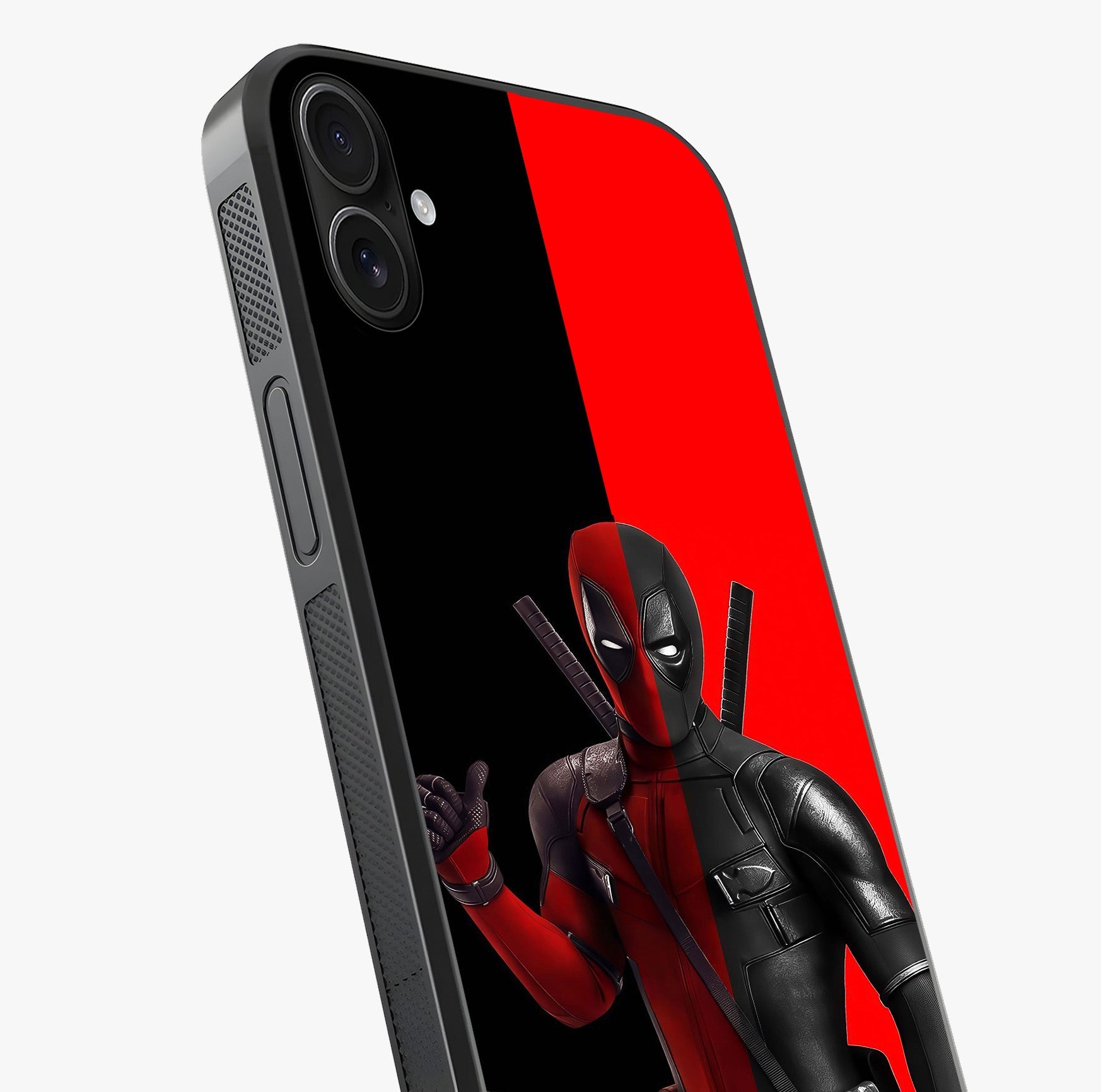 Red & Black Deadpool Theme Glass Case captured at a warm angle highlighting gloss, texture and premium glass finish.