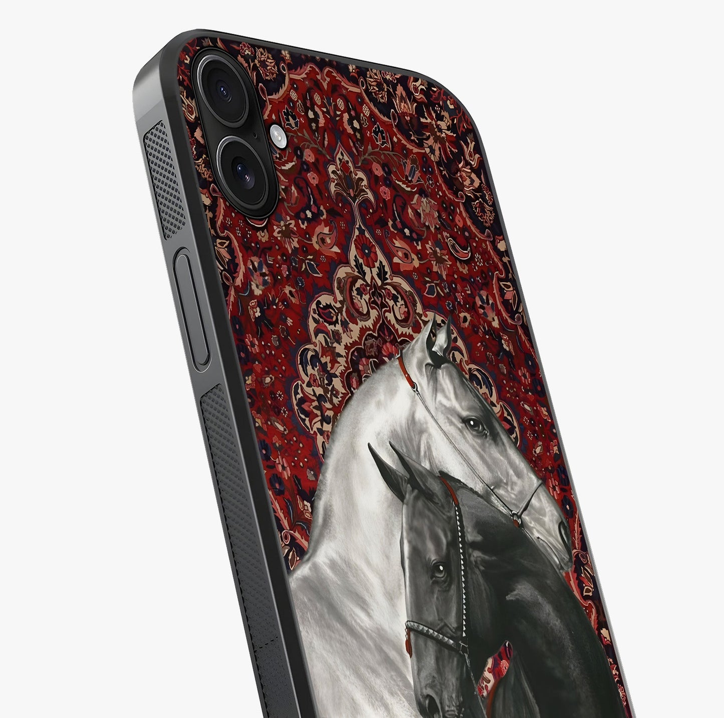 Regal Stallion Tapestry Glass Case captured at a warm angle highlighting gloss, texture and premium glass finish.