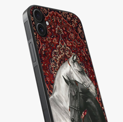 Regal Stallion Tapestry Glass Case captured at a warm angle highlighting gloss, texture and premium glass finish.