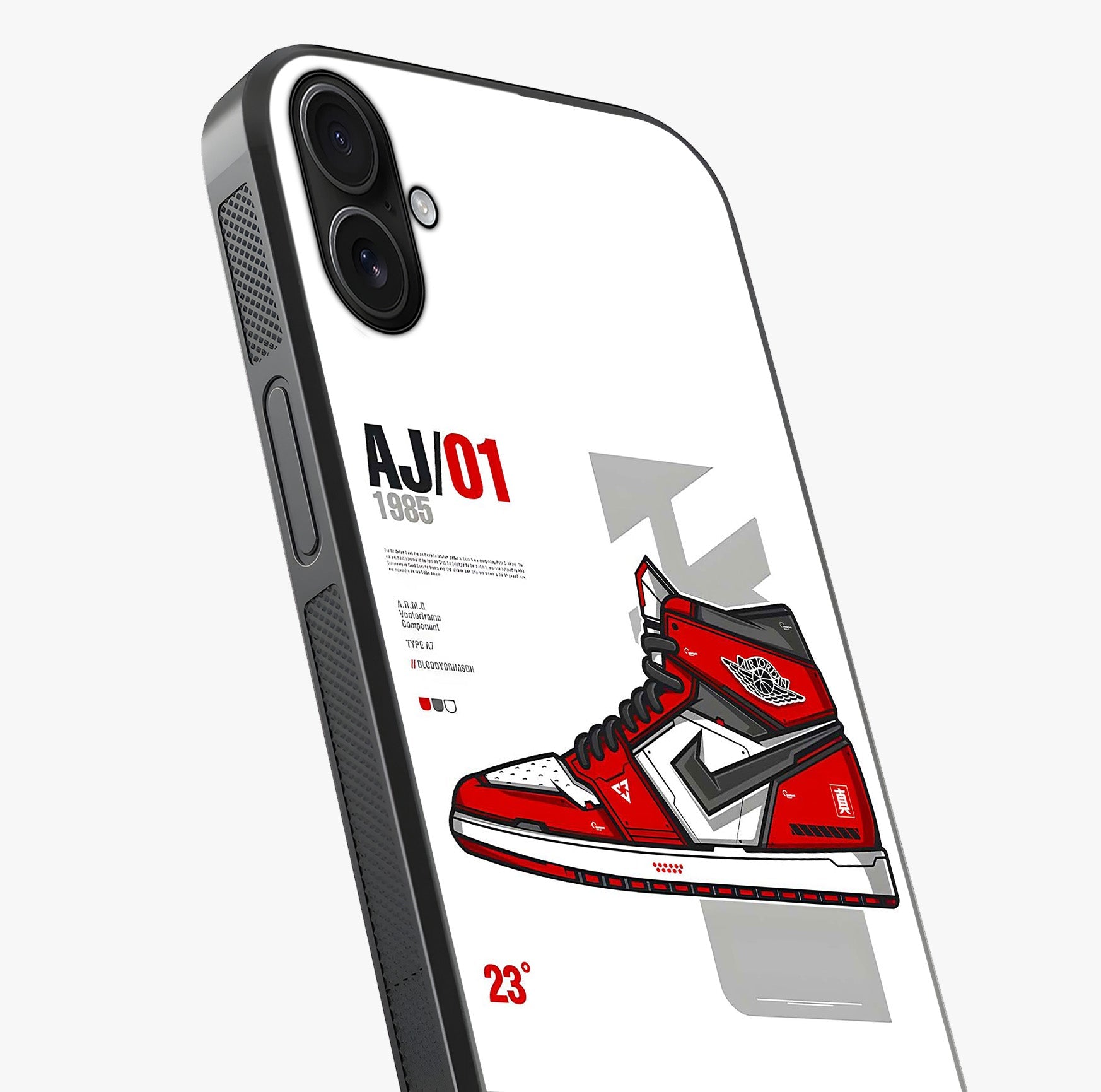 Retro Sneaker Blueprint Glass Case captured at a warm angle highlighting gloss, texture and premium glass finish.
