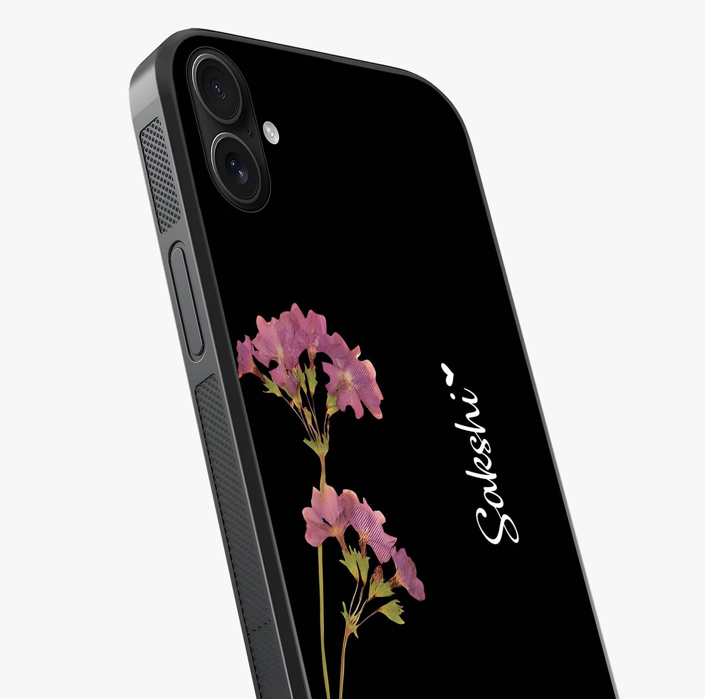Riching Lavender Flower Custom Name Glass Case captured at a warm angle highlighting gloss, texture and premium glass finish.