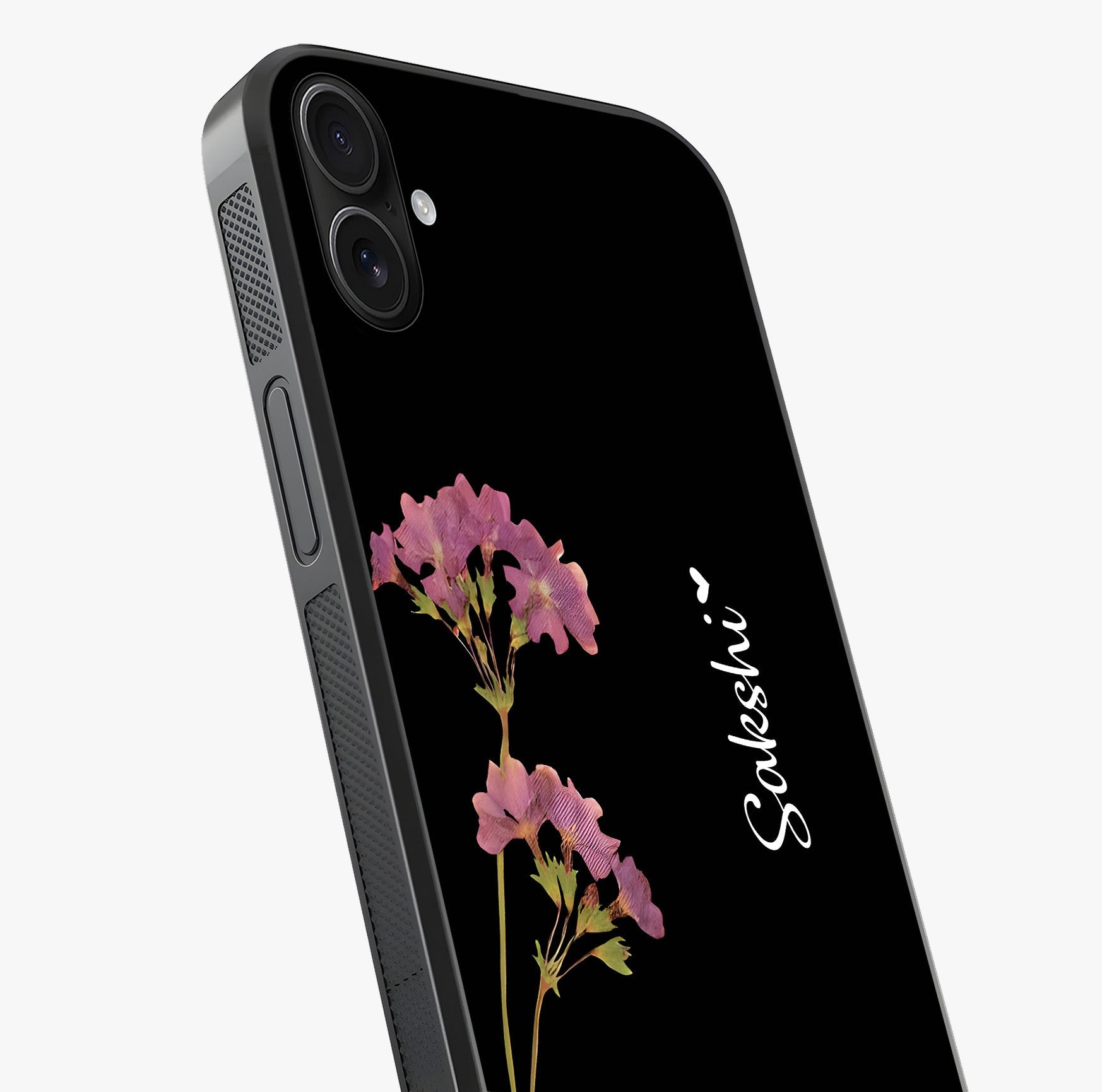 Riching Lavender Flower Custom Name Glass Case captured at a warm angle highlighting gloss, texture and premium glass finish.
