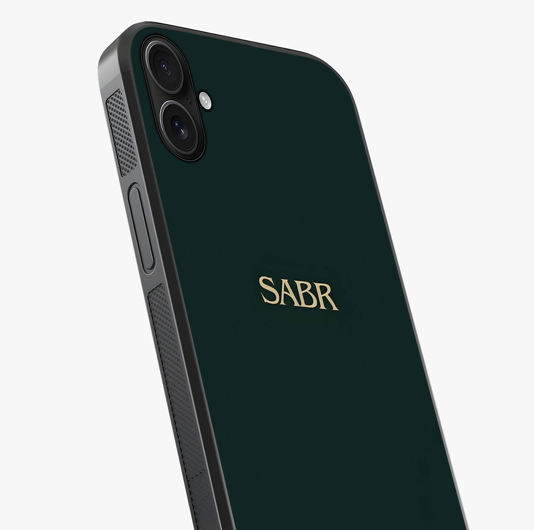 Sabr Minimal Patience Glass Case captured at a warm angle highlighting gloss, texture and premium glass finish.