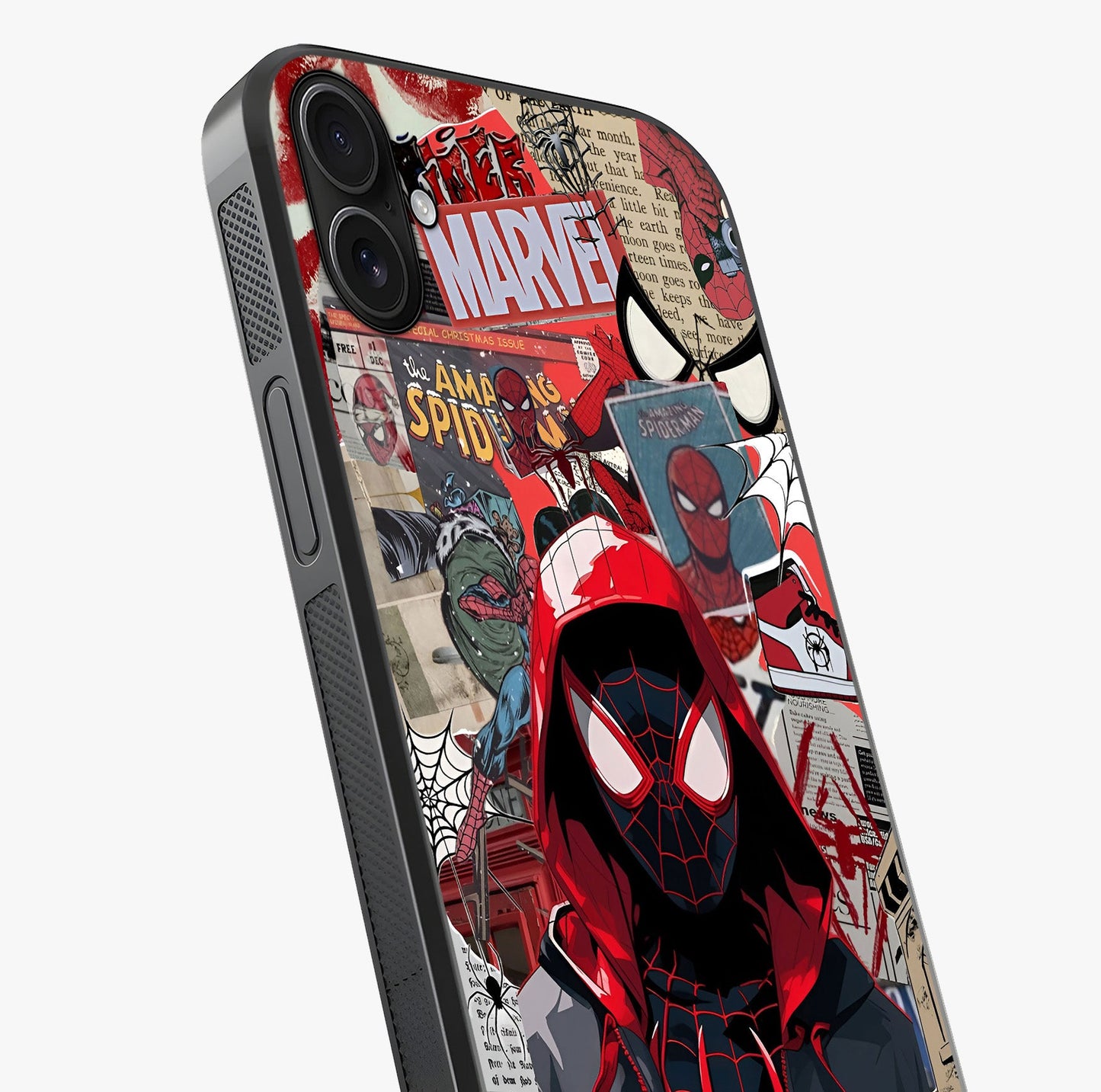 Spider Collage Street Glass Case captured at a warm angle highlighting gloss, texture and premium glass finish.