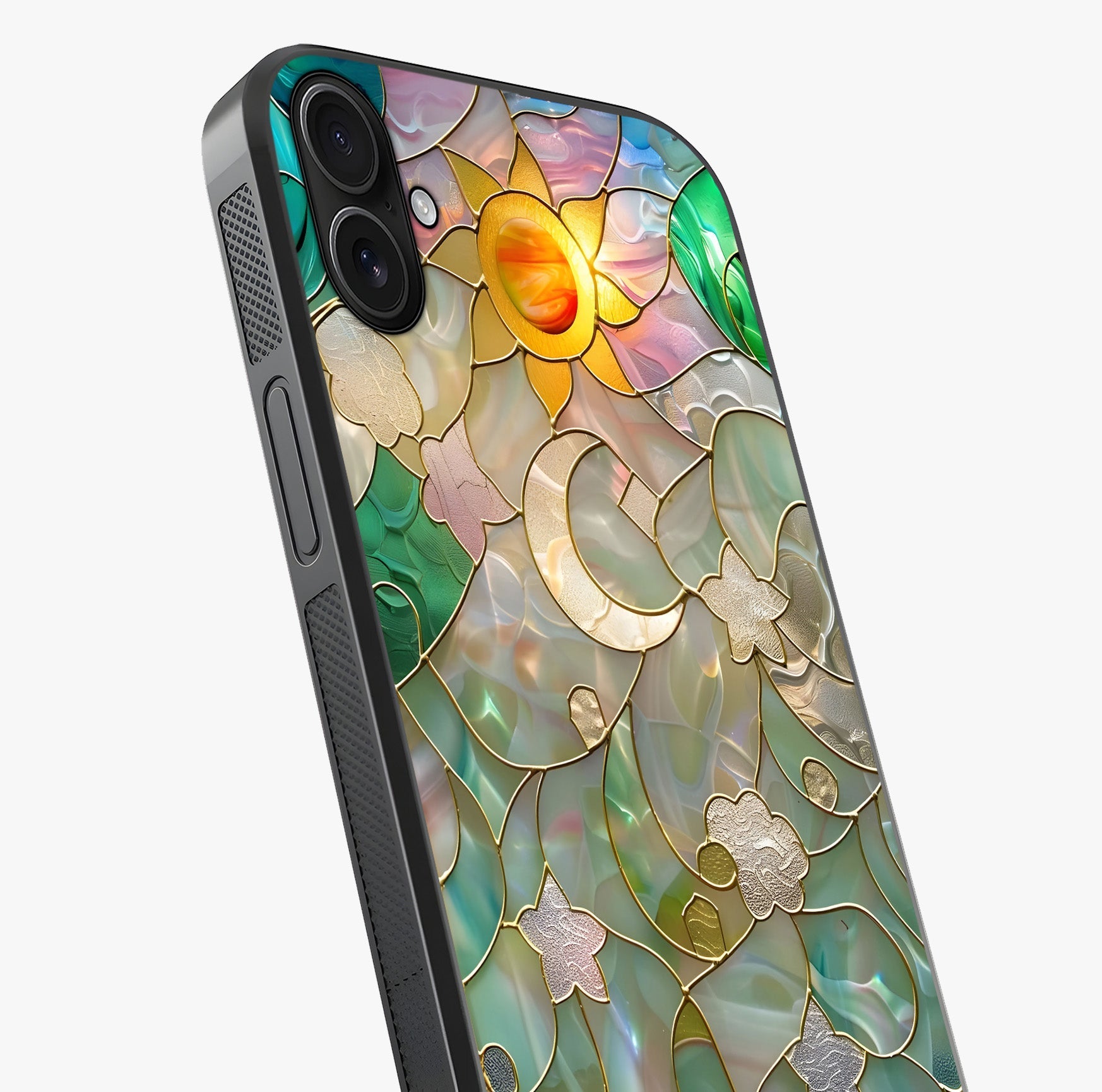 Stained Sunrise Glow Glass Case captured at a warm angle highlighting gloss, texture and premium glass finish.