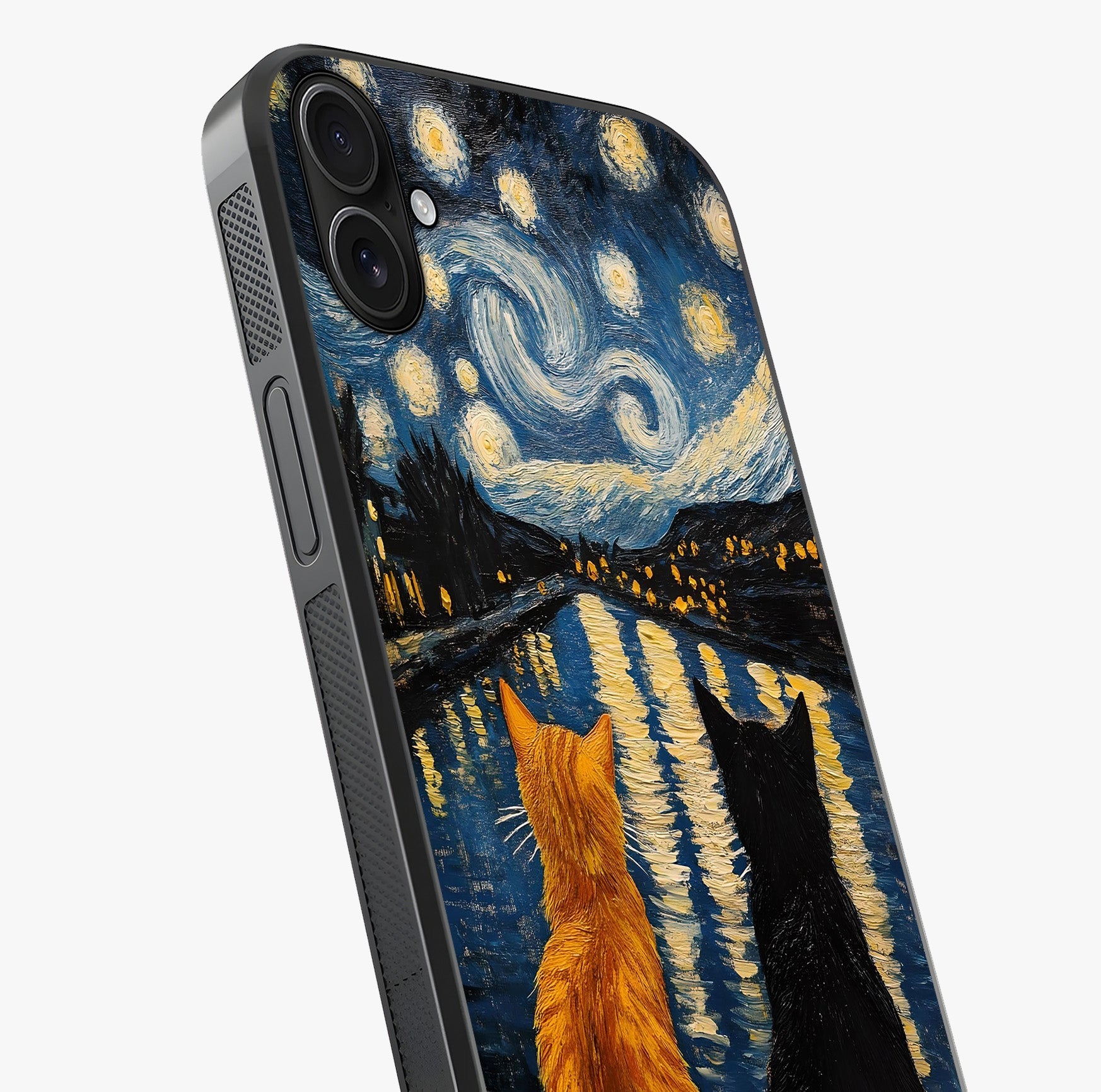 Starry River Cats Glass Case captured at a warm angle highlighting gloss, texture and premium glass finish.