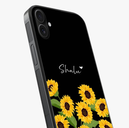 Sunflower Chic Mood Custom Name Glass Case captured at a warm angle highlighting gloss, texture and premium glass finish.