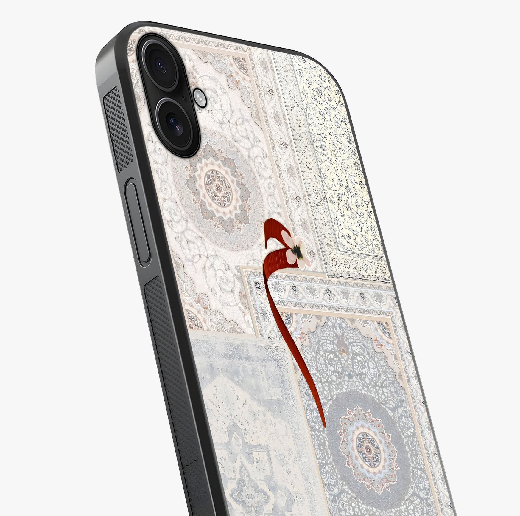 White Aesthetic Bow Glass Case captured at a warm angle highlighting gloss, texture and premium glass finish.