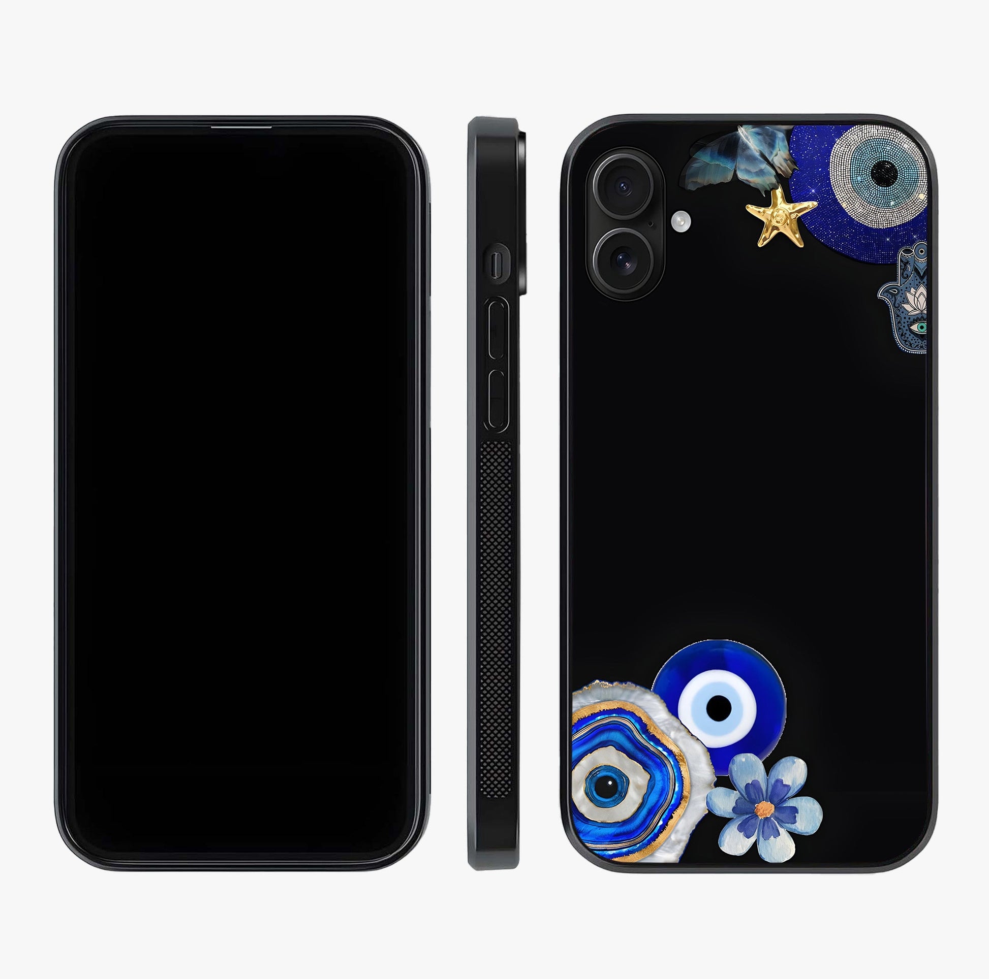 Aesthetic Blue Evil Eye Glass Case displayed upright for full design visibility and premium finish.