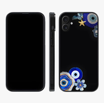 Aesthetic Blue Evil Eye Glass Case displayed upright for full design visibility and premium finish.