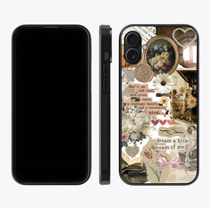 Aesthetic Brown Vintage Collage Glass Case displayed upright for full design visibility and premium finish.